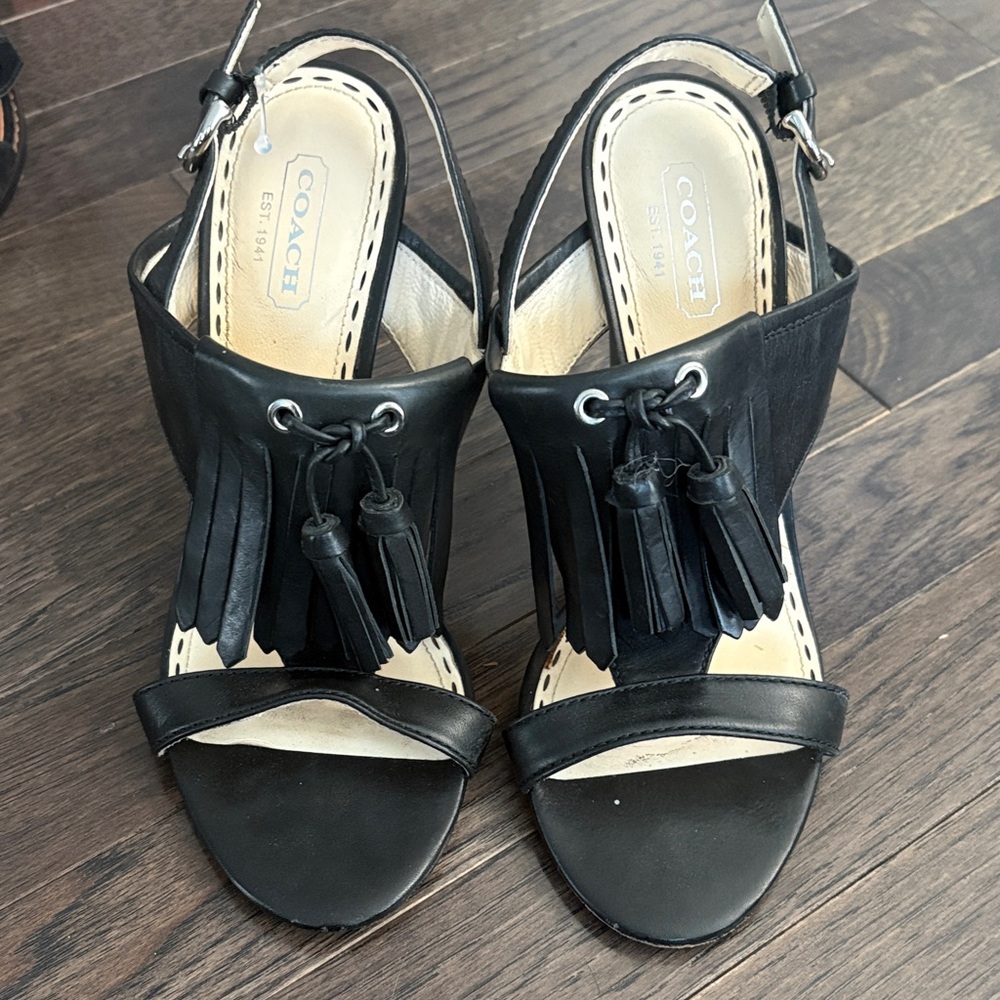 Coach Black Leather Heels with Fringe Detail